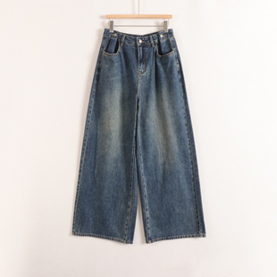 加系列个性设计高腰阔腿显瘦复古磨白牛仔裤长裤女26春装新款撤柜