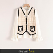 朵系列勾花镂空明线针织马甲 两件套秋 木耳花边领宽松套头衬衫