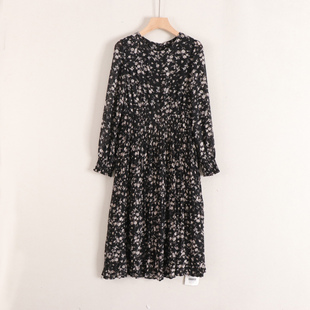 【言】圆领长袖碎花收腰修身轻熟中长雪纺连衣裙女26春装新款撤柜