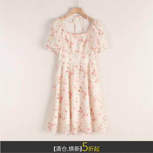 朵系列波西米亚方领泡泡袖 清仓 高腰收腰碎花中长雪纺连衣裙夏装