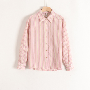 【言】含亚麻polo领竖条纹宽松直通显瘦长袖衬衫女26春装新款撤柜
