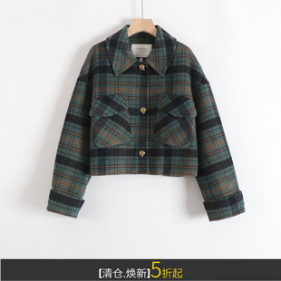 丽系列复古格子轻熟polo领修身70羊毛双面呢短外套冬装新款撤柜