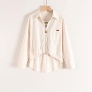 新款 法式 女25秋装 衬衫 盐系假两件条纹背心拉链POLO领叠穿潮酷长袖