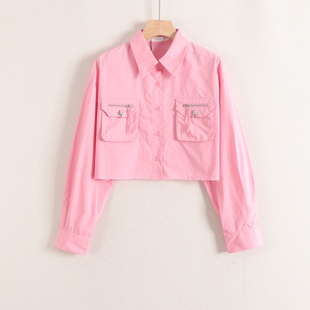 女26春装 加系列毛边剪裁polo领个性 衬衫 短款 口袋简约学院减龄长袖