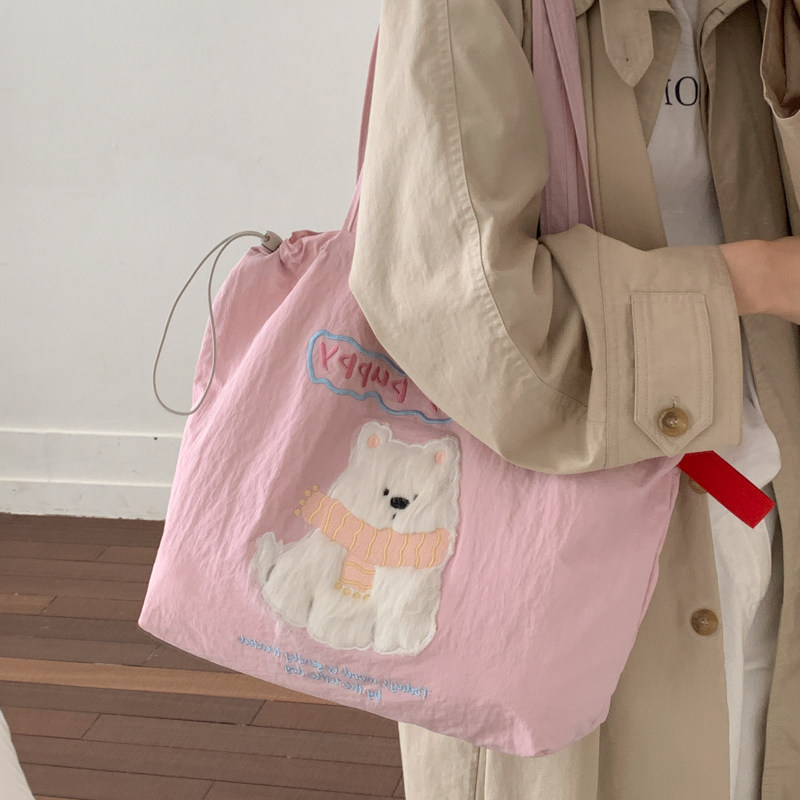 春季新款韩系卡通小熊帆布包女大容量抽绳托特包百搭可爱单肩包