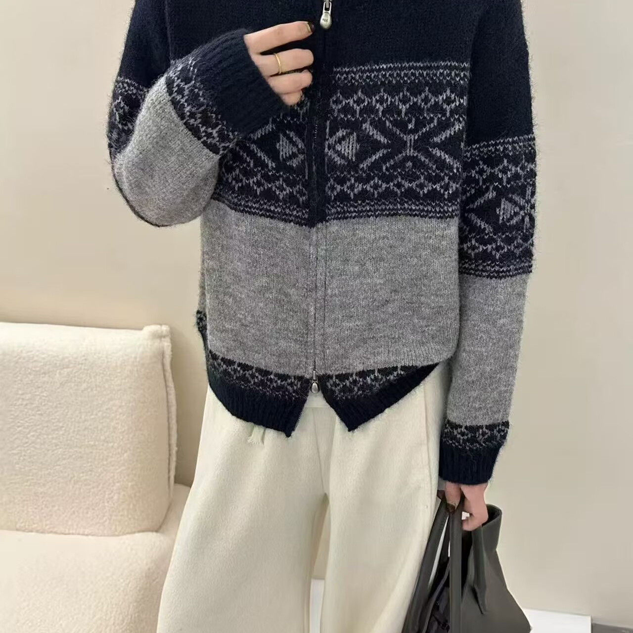 双拉链头撞色针织开衫女冬季新款宽松显瘦百搭休闲毛衣特0.71