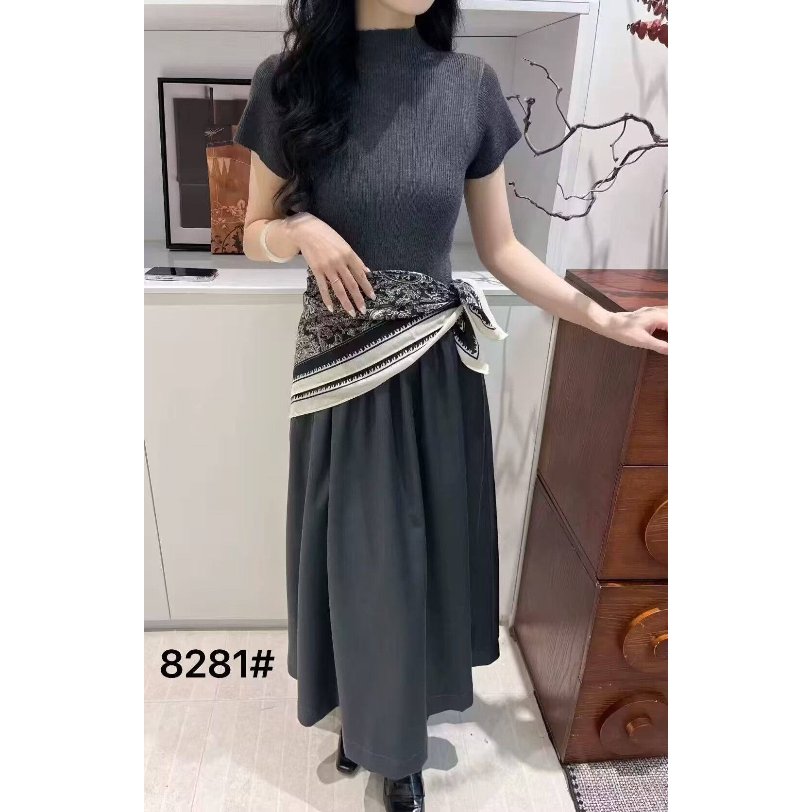 丝巾高腰半身裙A字裙中长款