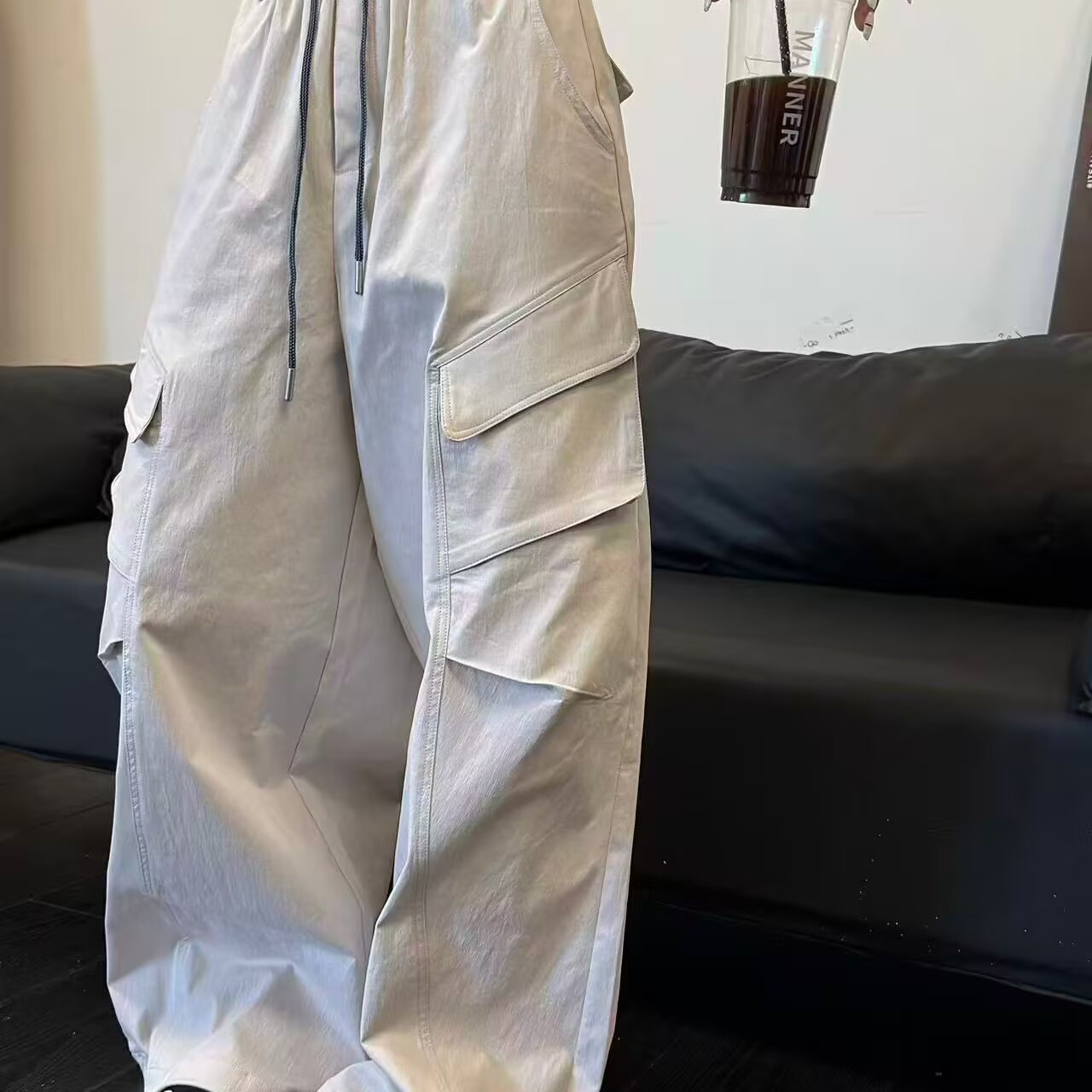 阔腿工装裤女秋季新高腰松紧抽绳束脚百搭宽松休闲哈伦裤世0.45