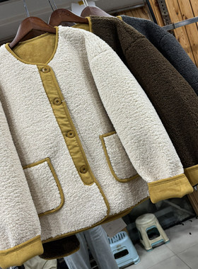 皮毛一体羊羔毛外套女冬季新款圆领拼色宽松显瘦保暖上衣磊0.97