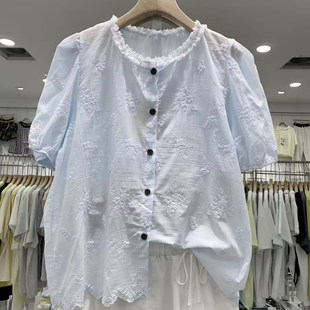 刺绣泡泡袖衬衣女夏季新款蕾丝圆领宽松显瘦百搭休闲小衫焕0.11