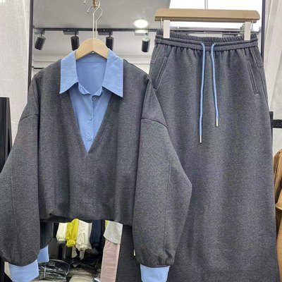 假两件翻领卫衣半身裙两件套