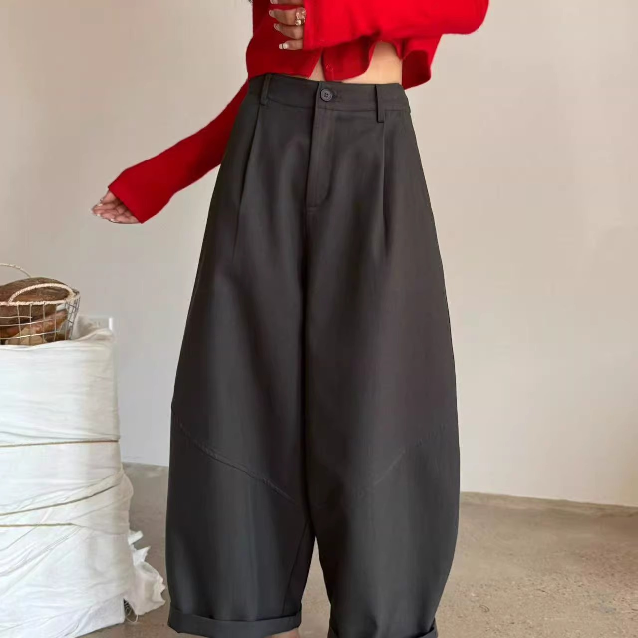 阔腿休闲裤女秋季新款高腰半松紧百搭宽松休闲九分弯刀裤世0.52