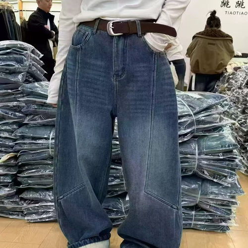 加绒加厚阔腿牛仔裤弯刀裤