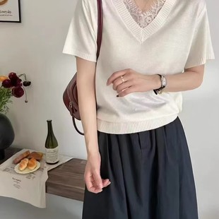 毛衣 蕾丝拼接V领短袖 针织衫 女夏季 新宽松显瘦百搭休闲薄款