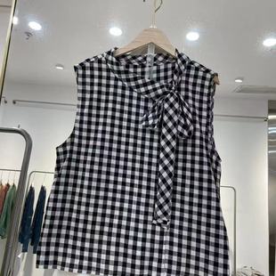 系带宽松显瘦百搭休闲上衣顶0.1 无袖 格子衬衫 女夏季 新款