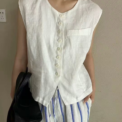 圆领单排扣无袖背心上衣
