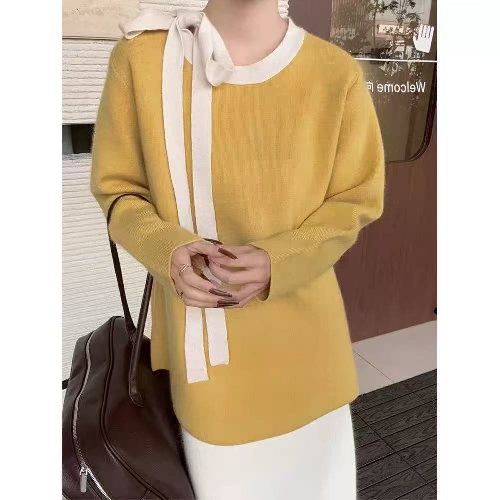 蜜熊绒拼色圆领系带套头毛衣女秋冬新宽松显瘦百搭针织衫焕0.64,女装/女士精品,毛衣,淘宝优惠券,粉丝福利购,淘宝优惠卷