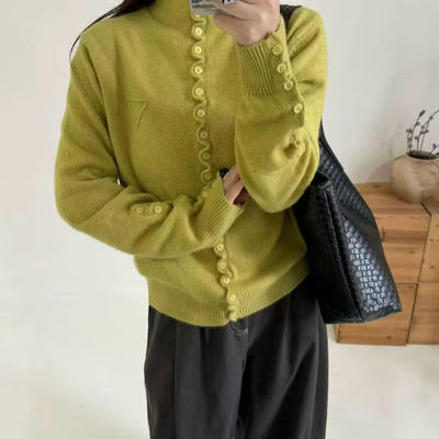 半高领波浪边单排扣针织开衫女冬新宽松显瘦百搭休闲毛衣特0.37