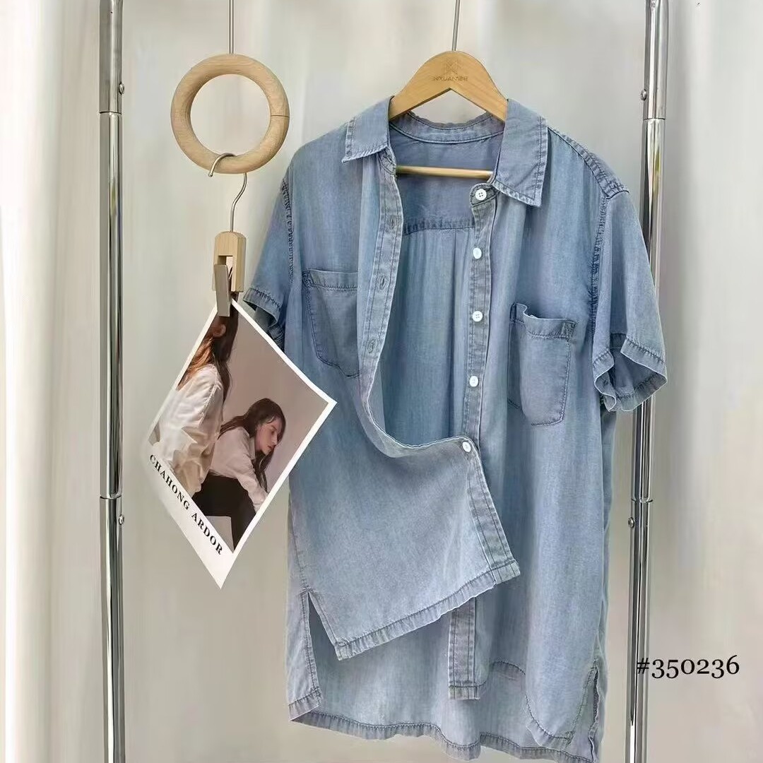 天丝牛仔短袖衬衫女夏新翻领单排扣宽松显瘦百搭休闲上衣莉0.22