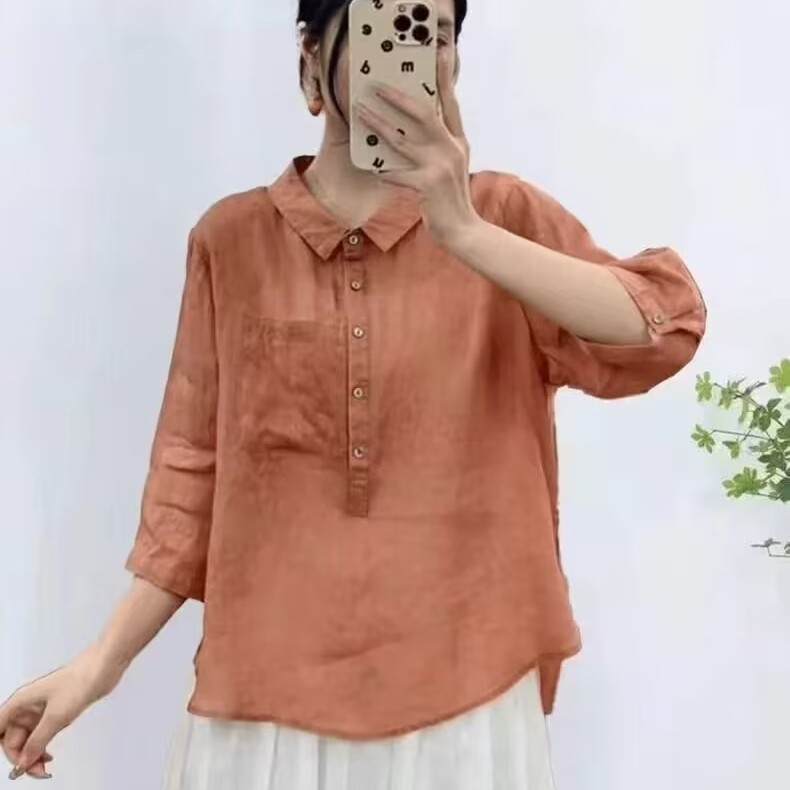 苎麻七分袖衬衫女夏季新款翻领单口袋宽松显瘦百搭休闲小衫度0.1