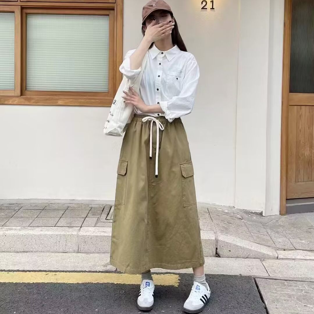 工装半身裙A字裙开叉高腰