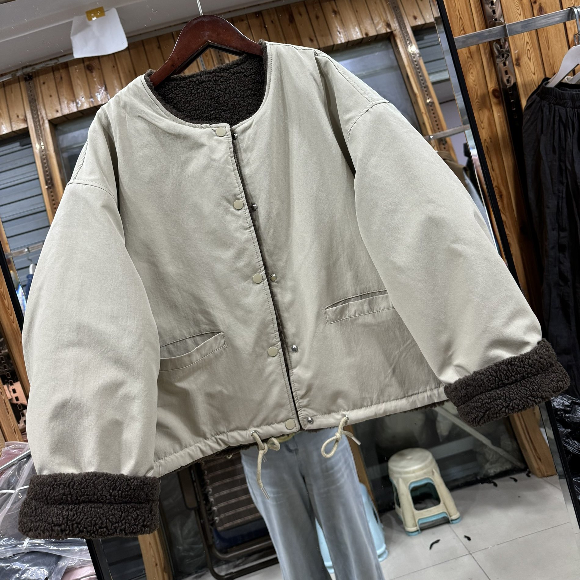 羊羔毛加厚圆领外套女冬季新款下摆抽绳宽松显瘦保暖棉衣磊0.92