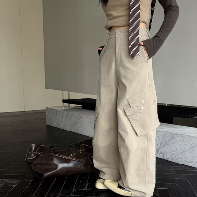 阔腿工装裤女秋季新款高腰半松紧宽松显瘦百搭休闲直筒裤雪0.63