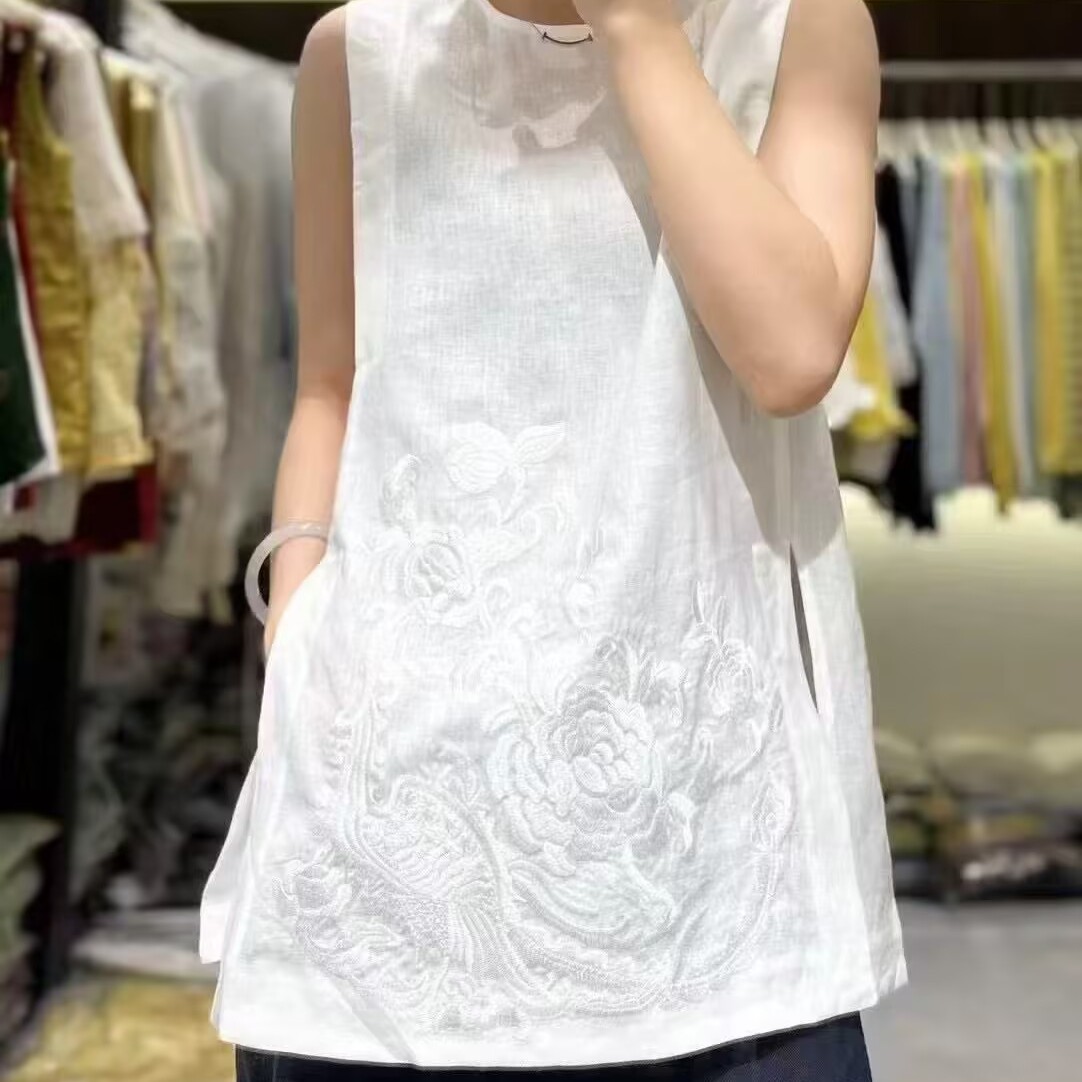 新中式棉麻刺绣无袖衬衣女夏新圆领百搭宽松休闲开叉背心特0.17
