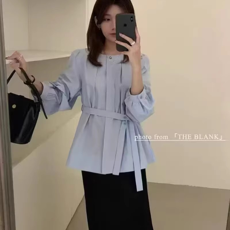 百褶长袖衬衫系带收腰