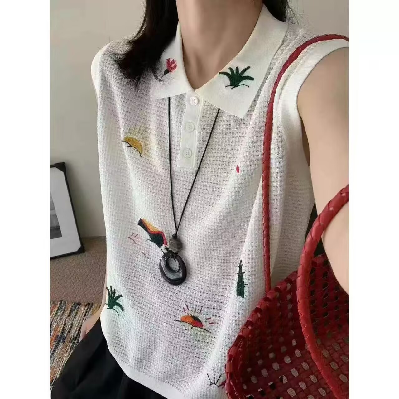 刺绣条纹翻领无袖针织背心女夏新设计感小众百搭显瘦上衣特0.18