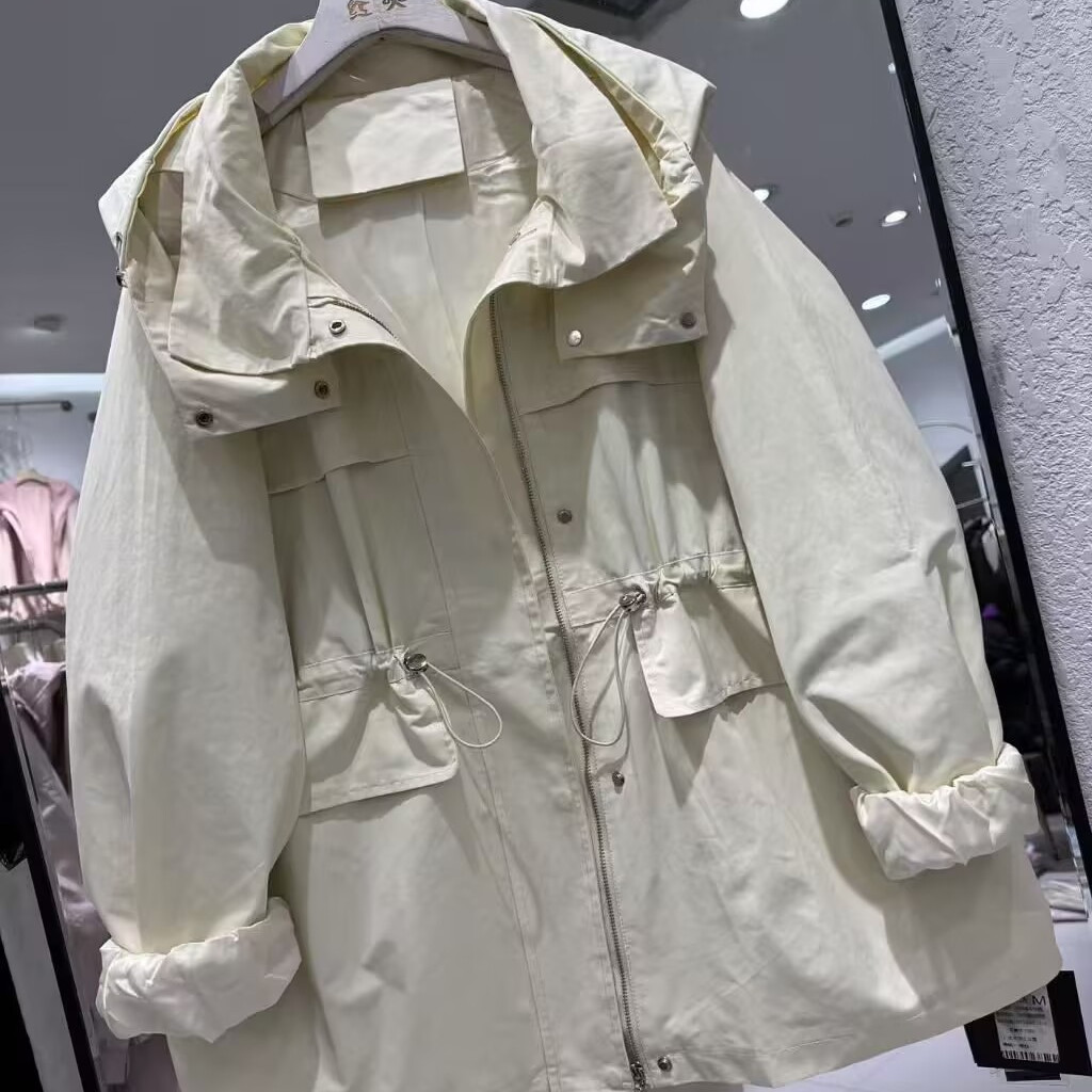 连帽风衣女中长款春季新款抽绳收腰宽松显瘦百搭休闲外套红0.85