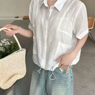 翻领下摆抽绳宽松显瘦百搭休闲上衣度0.13 苎麻短袖 衬衫 女夏季 新款
