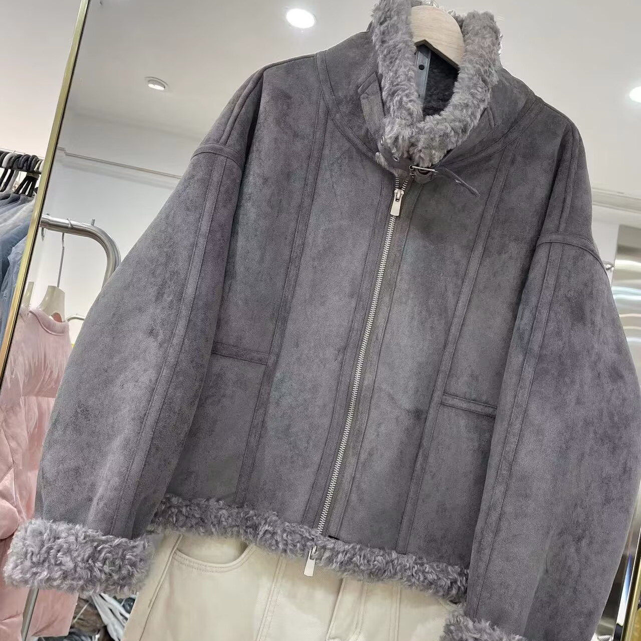 皮毛一体麂皮绒外套女冬季新款韩版羊羔毛加厚保暖机车夹克顶1.1