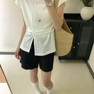 设计感扭结开叉短袖 显瘦百搭休闲上衣汪0.15 T恤女夏季 新圆领修身