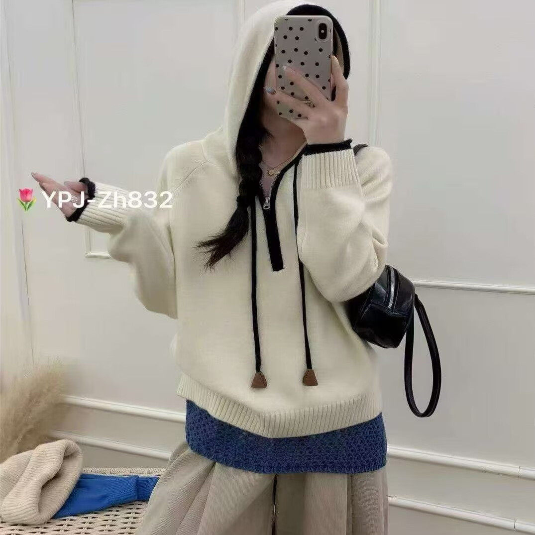 蜜熊绒拼色连帽抽绳套头毛衣冬新宽松显瘦百搭针织打底衫焕0.62