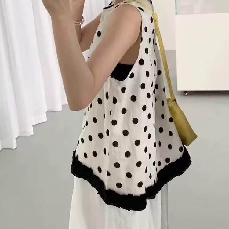 木耳边下摆波点无袖衬衣女夏新圆领宽松显瘦百搭休闲小衫特0.11