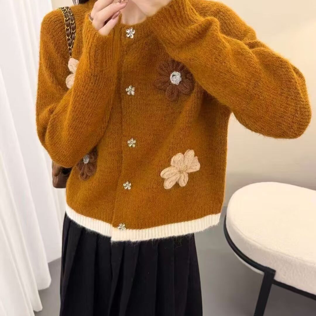 立体花朵针织开衫女秋冬新款圆领宽松显瘦百搭休闲毛衣焕0.5