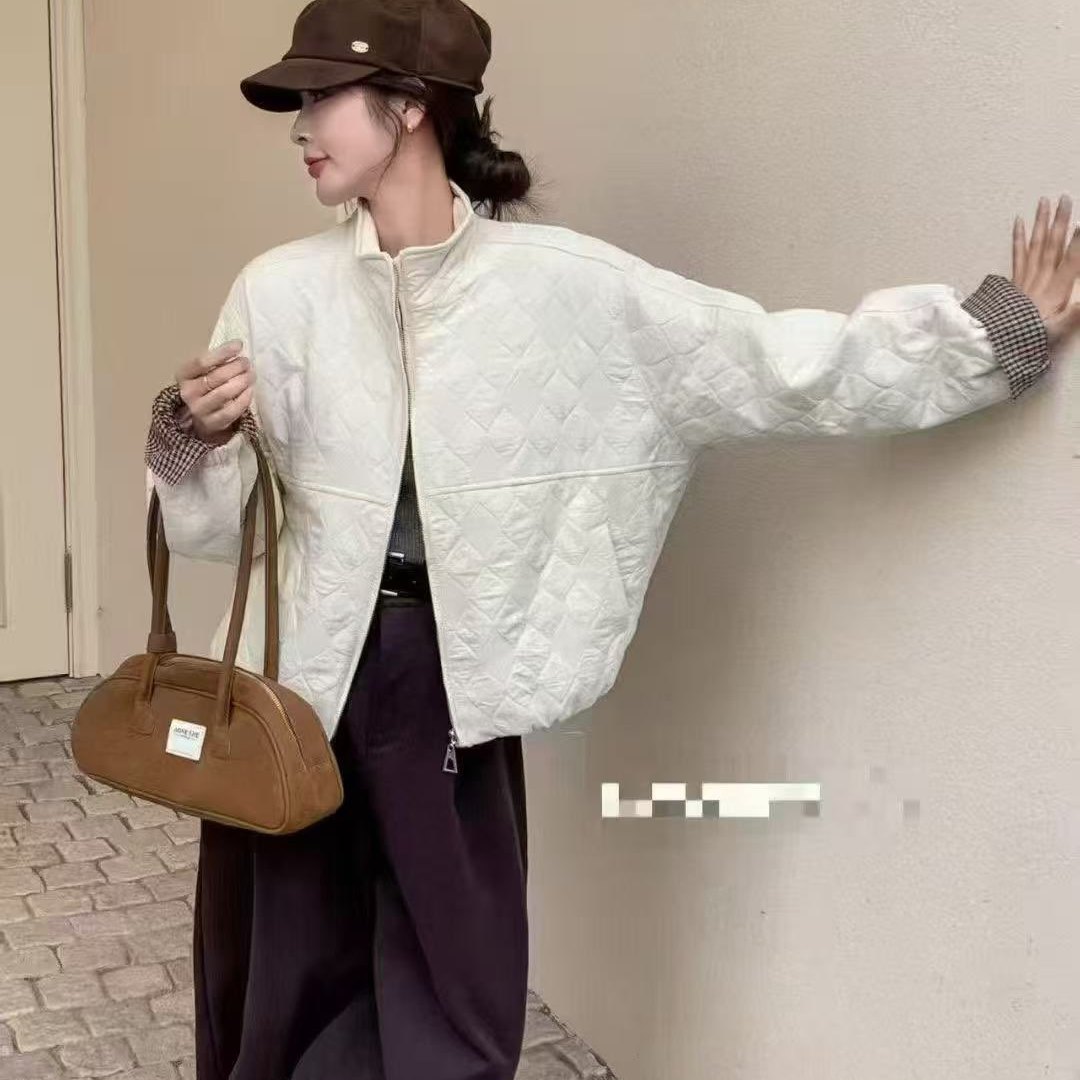 格子袖口立领外套女秋冬新款菱形压格百搭宽松休闲夹棉棉衣度0.74