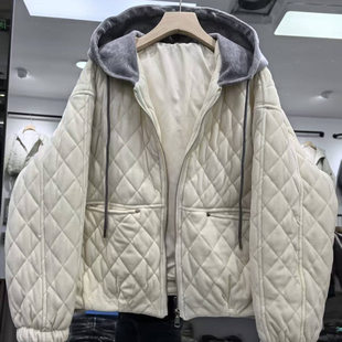 拼接连帽抽绳丝绒外套女秋冬新宽松显瘦百搭休闲轻薄棉衣度0.87