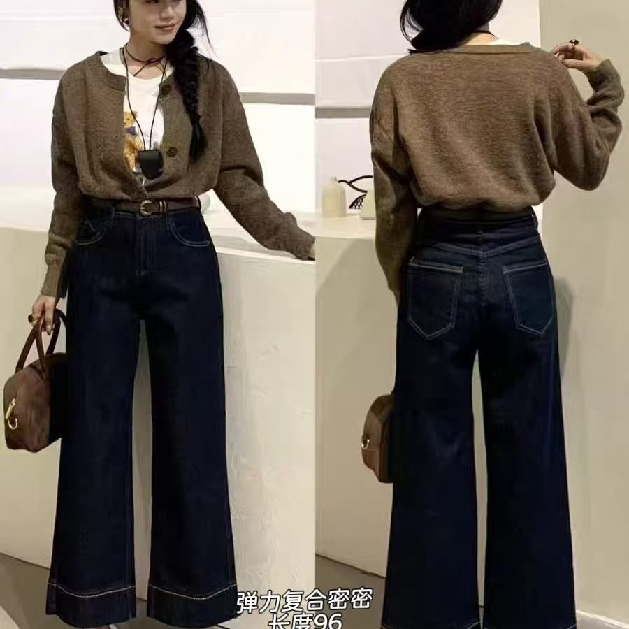 复合密密绒阔腿牛仔裤女冬季新款高腰百搭宽松休闲直筒裤雪1.0