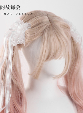 原创Lolita手作发饰女日系蝴蝶结飘带发夹白色玫瑰边夹双马尾对夹