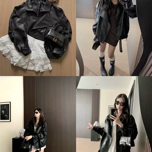 Y*L皮衣du家匠心翻领廓形仿羊皮外套接头简约夹克女复古pu机车服