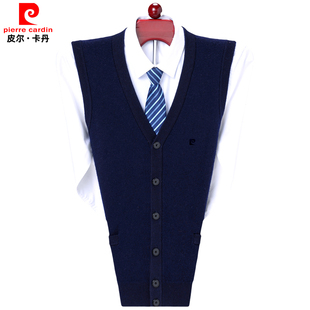 皮尔卡丹100纯羊绒背心男v领无袖毛衣开衫中老年纯色内搭针织坎肩