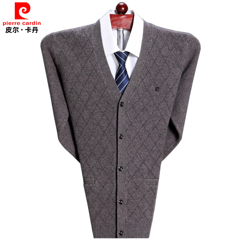 皮尔卡丹羊绒衫男开衫加厚v领中老年宽松爸爸高端针织衫大码毛衣