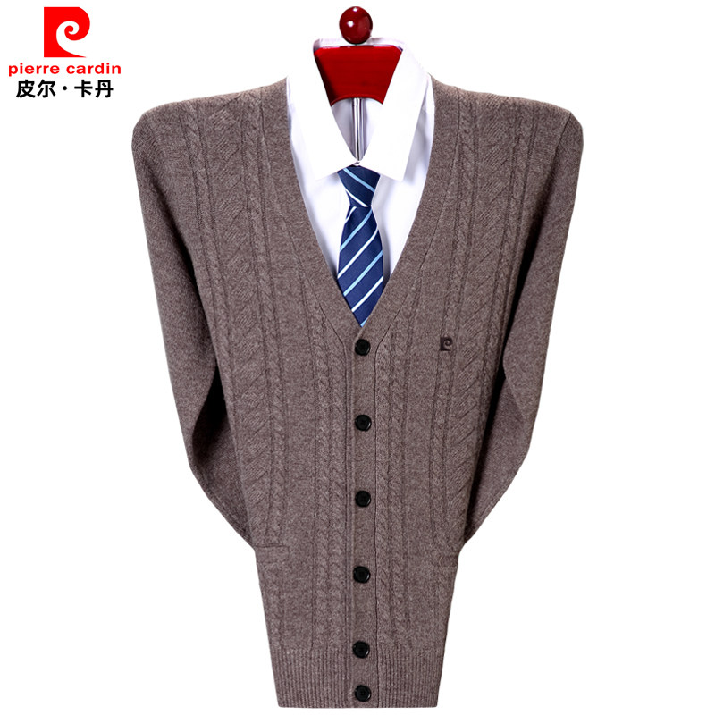 皮尔卡丹山羊绒针织开衫男v领毛衣外套复古扭花中老年人针织开衫