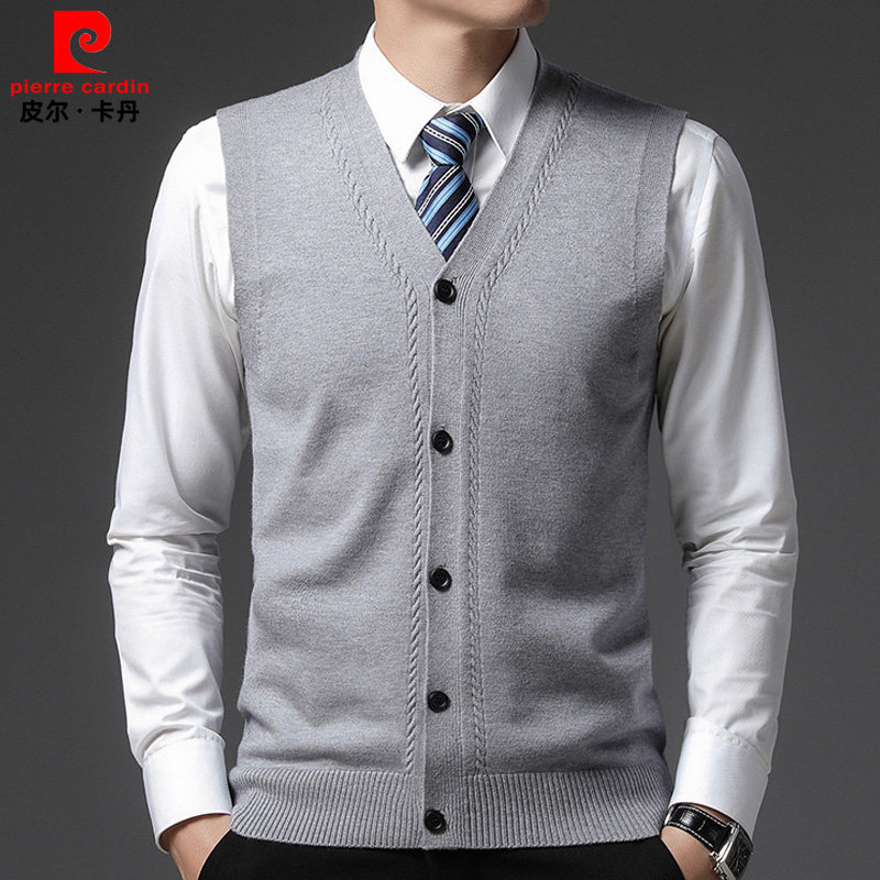 皮尔卡丹V领针织背心男保暖单排扣毛织马甲商务休闲中年羊绒开衫