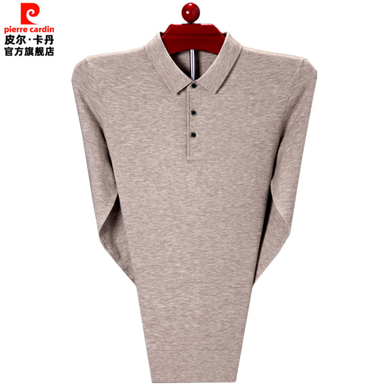 皮尔卡丹羊绒长袖t恤男士针织衫薄款中年爸爸秋装打底衫翻领毛衣
