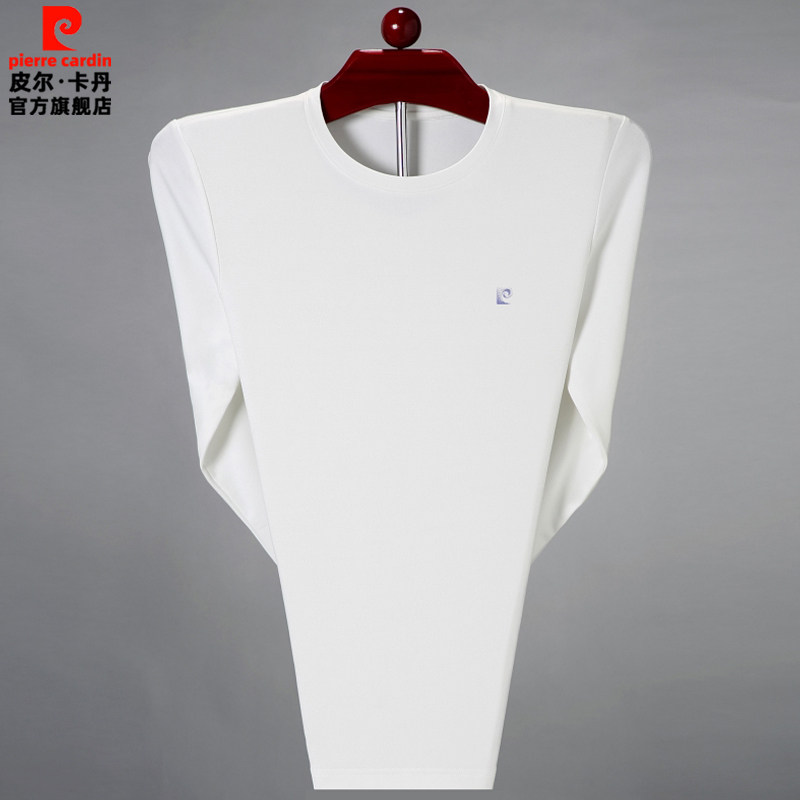 皮尔卡丹圆领长袖t恤男纯棉春秋薄款大码白色打底衫中年男士体恤