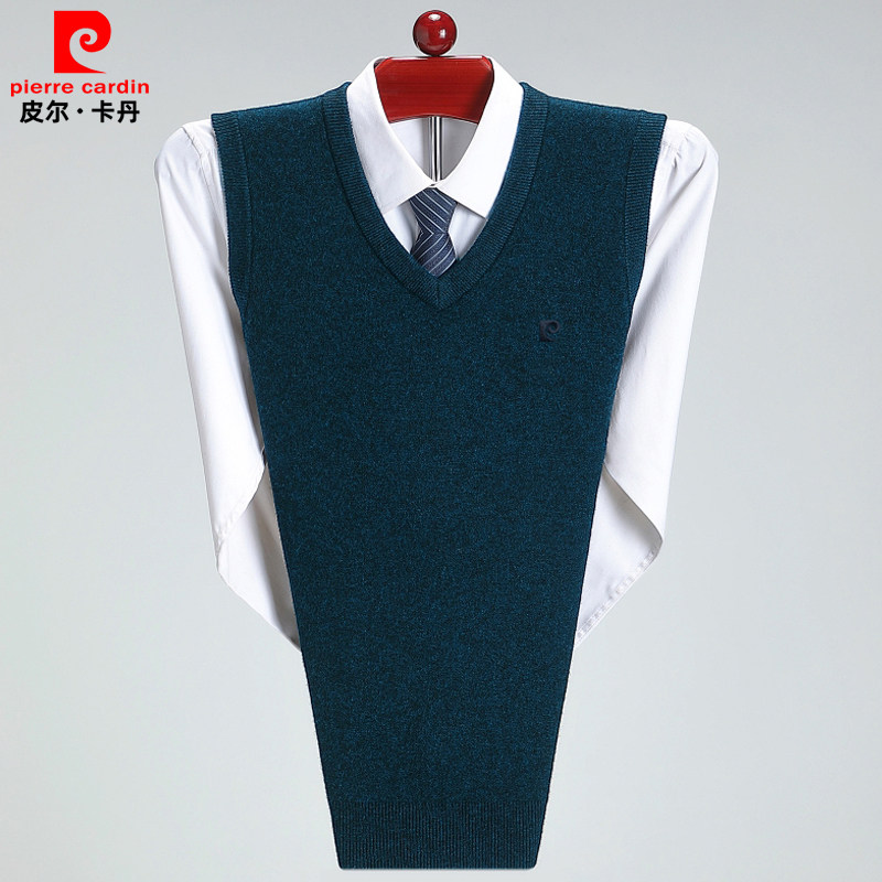 皮尔卡丹纯羊绒针织马甲男保暖大码背心男款打底商务V领毛衣坎肩
