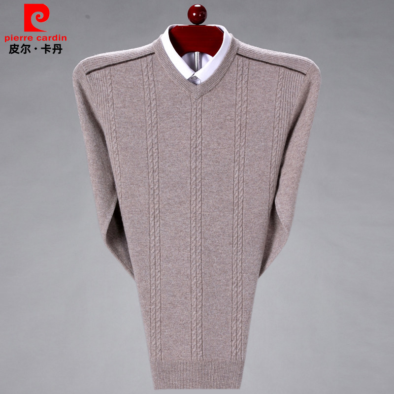 皮尔卡丹100纯羊绒衫男v领加厚打底毛衣大码中年商务鸡心领针织衫